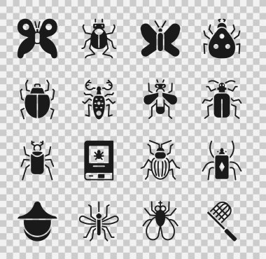 Set Butterfly net Beetle bug Chafer beetle deer Mite and Insect icon. Vector.