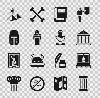 Set Ancient column Online museum Museum building History book Gives lecture Medieval iron helmet Egypt pyramids and bust sculpture icon. Vector.