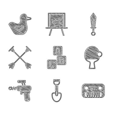 Set ABC blocks Shovel toy Toy piano Racket and ball Ray gun Arrow with sucker tip Sword and Rubber duck icon. Vector.