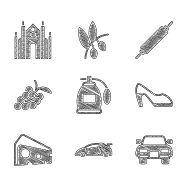 Set Perfume Sport racing car Car Woman shoe Cheese Grape fruit Rolling pin and Milan Cathedral icon. Vector.