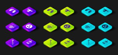 Set Toothbrush Hand sanitizer bottle Gas boiler Water drop Towel on hanger and Flip flops icon. Vector.