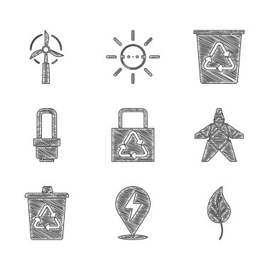 Set Paper bag with recycle Lightning bolt Leaf or leaves Electric tower Recycle bin LED light bulb and Wind turbine icon. Vector.