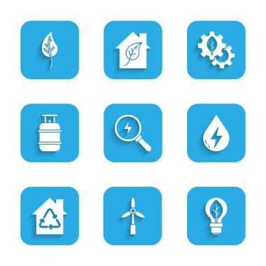 Set Lightning bolt Wind turbine bulb with leaf Water energy Eco House recycling Propane gas tank Leaf plant gear machine and or leaves icon. Vector.