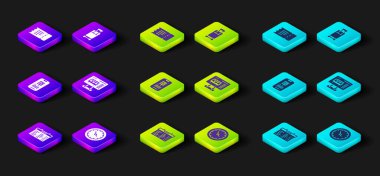 Set Train station board clock E-ticket train Ticket office to buy tickets Suitcase and icon. Vector.