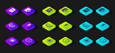 Set Atom Clock Open book Push pin Audio and Exam sheet with plus grade icon. Vector.