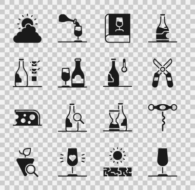 Set Wine glass corkscrew Gardening scissors Book about wine bottle with Bottle of Sun and cloud weather and temperature icon. Vector.
