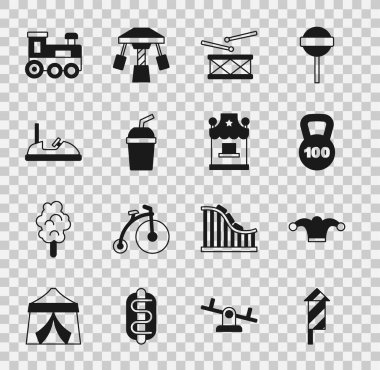 Set Firework rocket Jester hat with bells Weight Drum drum sticks Paper glass water Bumper car Toy train and Ticket box office icon. Vector.