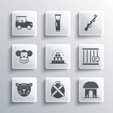 Set Canteen water bottle African hut Animal cage Chichen Itza in Mayan Tiger head Monkey Safari car and Hunting gun icon. Vector.