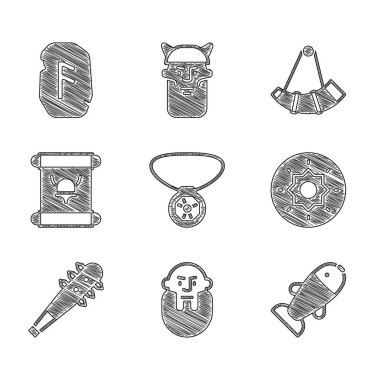 Set Necklace with gem Viking head Fish Shield viking Mace spikes Decree parchment scroll Hunting horn and Magic rune icon. Vector.