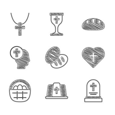 Set Christian bread Pope hat Grave with tombstone cross in heart Basket easter eggs Priest and chain icon. Vector.