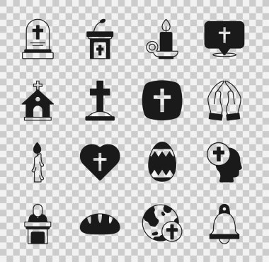Set Church bell Priest Hands in praying position Burning candle candlestick Grave with cross building tombstone and Christian icon. Vector.
