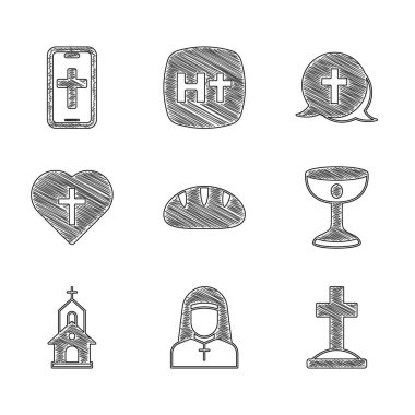 Set Christian bread Nun Grave with cross chalice Church building heart and on phone icon. Vector.