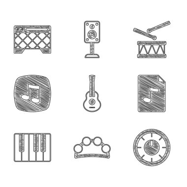 Set Guitar Tambourine Sound mixer controller MP3 file document Music synthesizer note tone Drum with drum sticks and amplifier icon. Vector.