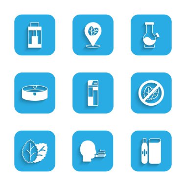 Set Lighter Man smoking a cigarette Electronic No tobacco leaf Tobacco Ashtray Bong and Vape mod device icon. Vector.