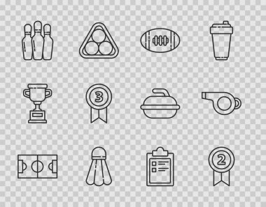 Set line Football or soccer field Medal American Badminton shuttlecock Bowling pin Sport training program and Whistle icon. Vector.