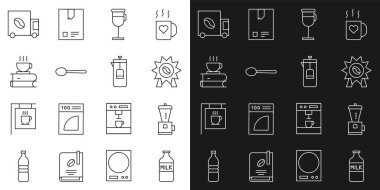 Set line Bottle with milk Electric coffee grinder Medal for Irish Spoon Coffee cup and book street truck machine and French press icon. Vector.
