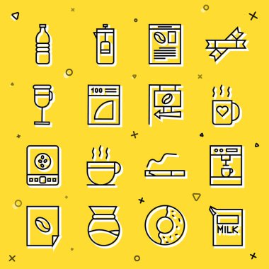 Set line Paper package for milk Coffee machine cup and heart Newspaper coffee filter Irish Bottle water and Street signboard icon. Vector.