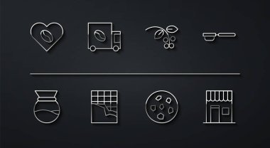 Set line Coffee Lovers Pour coffee maker filter holder Cookie or biscuit Chocolate bar street truck machine shop and bean branch icon. Vector.