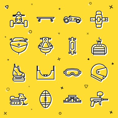 Set line Paintball gun Helmet Ski lift Vintage sport racing car Jet ski Speedboat ATV motorcycle and Longboard skateboard icon. Vector.
