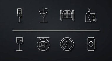 Set line Glass of champagne Wine glass Beer tap with Alcohol 21 plus Street signboard Bar Cocktail can and Saloon door icon. Vector.