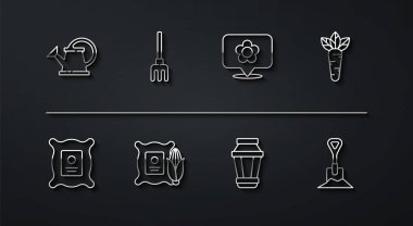 Set line Watering can Pack full of seeds of plant Carrot Garden light lamp Corn the sack rake Shovel ground and Location with flower icon. Vector.