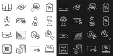 Set line Percent discount and laptop Magnifying glass with percent mobile Discount tag Money Cash location Credit card chip and bag icon. Vector.