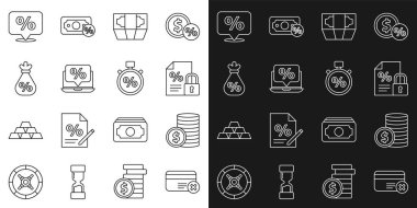 Set line Credit card remove Coin money with dollar Finance document and lock Stacks paper cash Percent discount laptop Money bag percent Discount tag and Stopwatch icon. Vector.