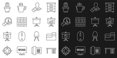 Set line Office desk Document folder Chalkboard with diagram Hand for search people folders Clock Cactus succulent in pot and icon. Vector.