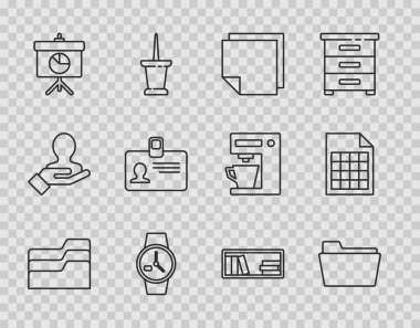 Set line Document folder Post note stickers Wrist watch Chalkboard with diagram Identification badge Shelf books and File document icon. Vector.