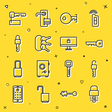 Set line Key broke inside of padlock Unlocked key Bunch keys Locked Marked and on computer monitor icon. Vector.