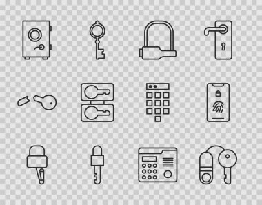 Set line Lock picks for lock picking House with key Bicycle Locked Safe Casting keys intercom system and Mobile fingerprint scan icon. Vector.