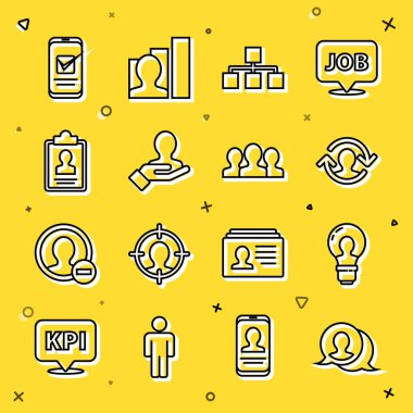 Set line Speech bubble chat Head with lamp bulb Human resources Hierarchy organogram chart Hand for search people Clipboard resume Smartphone and Users group icon. Vector.