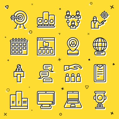 Set line Award cup Clipboard with checklist Worldwide Project team base Browser files Calendar Target arrow and Worker location icon. Vector.