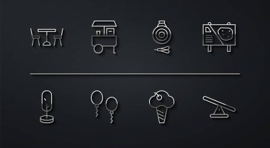 Set line Picnic table with chairs Tree Amusement park billboard Ice cream in waffle cone Balloons Fast street food cart Seesaw and Classic dart and arrow icon. Vector.
