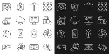 Set line Chain link Cryptocurrency coin Bitcoin Lock with bitcoin Pickaxe cloud mining Video graphic card and Mining from monitor icon. Vector.