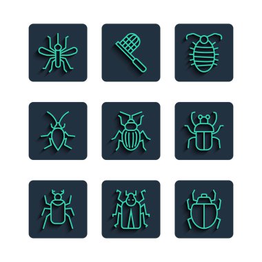 Set line Beetle bug Mite Larva insect Chafer beetle Cockroach Mosquito and Stink icon. Vector.