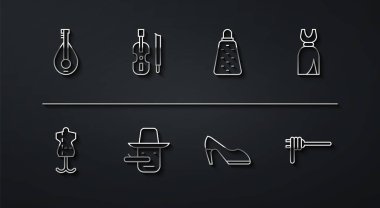 Set line Mandolin Mannequin Woman dress shoe Pinocchio Violin Pasta spaghetti and Grater icon. Vector.