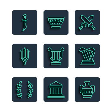 Set line Laurel wreath Parthenon Ancient amphorae Crossed medieval sword lyre Neptune Trident Dagger and Harp icon. Vector.