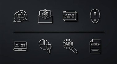 Set line Customer product rating Advertising Computer mouse Magnifying glass and analysis Mail e-mail SEO optimization and icon. Vector.