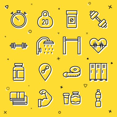 Set line Bottle of water Locker or changing room Heart rate Anabolic drugs Shower head Barbell Stopwatch and Horizontal bar icon. Vector.