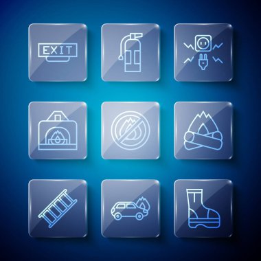 Set line Fire escape Burning car boots Electricity spark No fire Interior fireplace exit and Campfire icon. Vector.