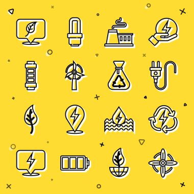 Set line Wind turbine Battery with recycle Electric plug Factory Location leaf and Garbage bag icon. Vector.