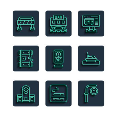 Set line Railway station Smoking area Train clock Ticket office to buy tickets Information stand Broken rails railway Road barrier and Plate with food icon. Vector.