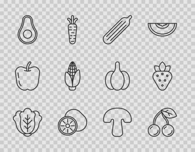 Set line Cabbage Cherry Fresh cucumber Kiwi fruit Avocado Corn Mushroom and Strawberry icon. Vector.