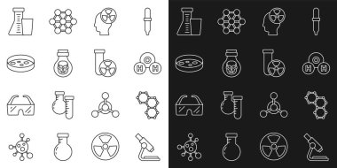 Set line Microscope Chemical formula H2O Head and radiation symbol Poison in bottle Petri dish with bacteria Test tube flask and icon. Vector.