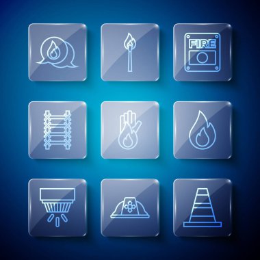 Set line Smoke alarm system Firefighter helmet Traffic cone No fire escape Telephone call 911 and flame icon. Vector.