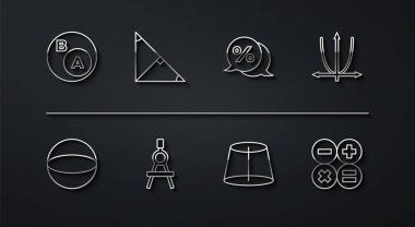 Set line Subsets math a is subset of b Geometric figure Sphere Graph schedule chart diagram Drawing compass Angle bisector triangle Calculator and Discount percent tag icon. Vector.