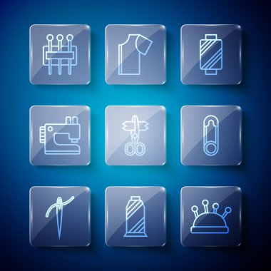 Set line Needle with thread Sewing on spool bed and needles Scissors machine for sewing and Safety pin icon. Vector.