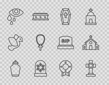 Set line Funeral urn Grave with cross Coffin star david Tear cry eye Christian on chain Memorial wreath and Church building icon. Vector.