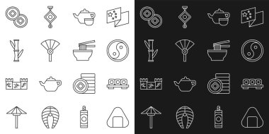 Set line Sushi on cutting board Yin Yang Chinese tea ceremony or japanese folding fan Bamboo Yuan currency and Asian noodles bowl icon. Vector.